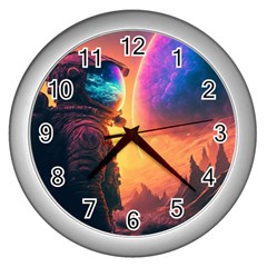 Illustration Trippy Psychedelic Astronaut Landscape Planet Mountains Wall Clock (silver) by Sarkoni