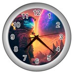 Illustration Trippy Psychedelic Astronaut Landscape Planet Mountains Wall Clock (Silver) Front