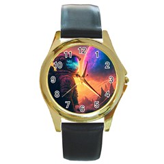 Illustration Trippy Psychedelic Astronaut Landscape Planet Mountains Round Gold Metal Watch by Sarkoni