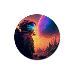 Illustration Trippy Psychedelic Astronaut Landscape Planet Mountains Rubber Coaster (round) by Sarkoni