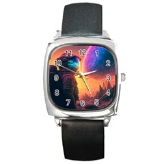 Illustration Trippy Psychedelic Astronaut Landscape Planet Mountains Square Metal Watch by Sarkoni