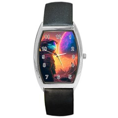 Illustration Trippy Psychedelic Astronaut Landscape Planet Mountains Barrel Style Metal Watch by Sarkoni