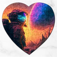 Illustration Trippy Psychedelic Astronaut Landscape Planet Mountains Jigsaw Puzzle (heart) by Sarkoni