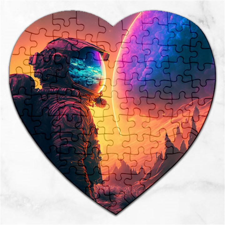 Illustration Trippy Psychedelic Astronaut Landscape Planet Mountains Jigsaw Puzzle (Heart)