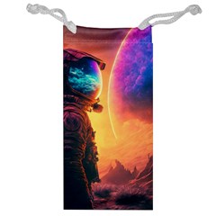 Illustration Trippy Psychedelic Astronaut Landscape Planet Mountains Jewelry Bag by Sarkoni