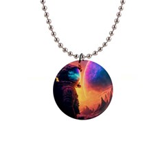 Illustration Trippy Psychedelic Astronaut Landscape Planet Mountains 1  Button Necklace by Sarkoni