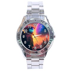 Illustration Trippy Psychedelic Astronaut Landscape Planet Mountains Stainless Steel Analogue Watch by Sarkoni