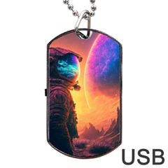 Illustration Trippy Psychedelic Astronaut Landscape Planet Mountains Dog Tag Usb Flash (two Sides) by Sarkoni