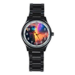 Illustration Trippy Psychedelic Astronaut Landscape Planet Mountains Stainless Steel Round Watch by Sarkoni