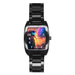 Illustration Trippy Psychedelic Astronaut Landscape Planet Mountains Stainless Steel Barrel Watch by Sarkoni