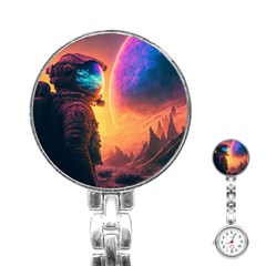 Illustration Trippy Psychedelic Astronaut Landscape Planet Mountains Stainless Steel Nurses Watch by Sarkoni