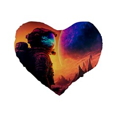 Illustration Trippy Psychedelic Astronaut Landscape Planet Mountains Standard 16  Premium Flano Heart Shape Cushions by Sarkoni