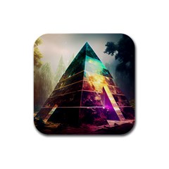 Tropical Forest Jungle Ar Colorful Midjourney Spectrum Trippy Psychedelic Nature Trees Pyramid Rubber Square Coaster (4 Pack) by Sarkoni