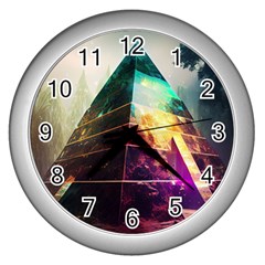 Tropical Forest Jungle Ar Colorful Midjourney Spectrum Trippy Psychedelic Nature Trees Pyramid Wall Clock (silver) by Sarkoni