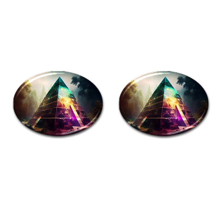 Tropical Forest Jungle Ar Colorful Midjourney Spectrum Trippy Psychedelic Nature Trees Pyramid Cufflinks (Oval)