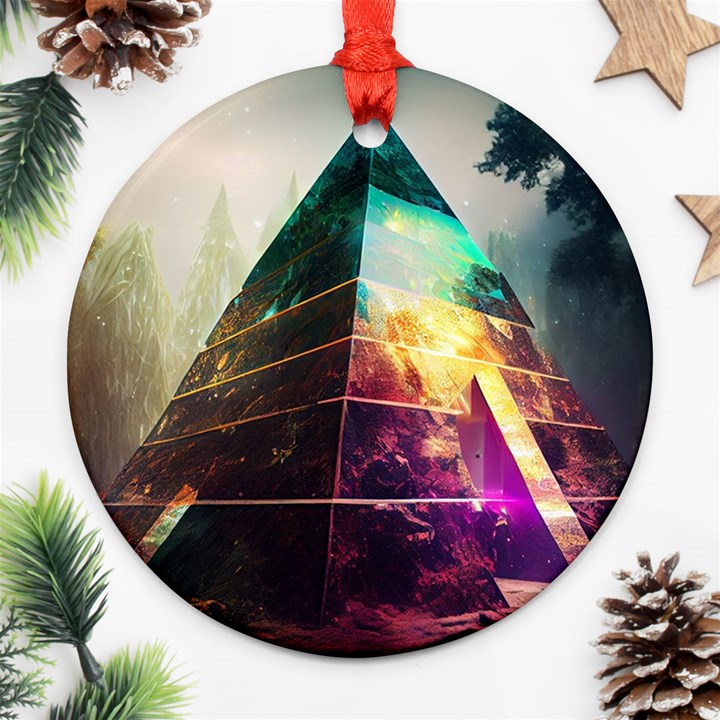 Tropical Forest Jungle Ar Colorful Midjourney Spectrum Trippy Psychedelic Nature Trees Pyramid Round Ornament (Two Sides)