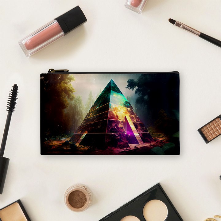 Tropical Forest Jungle Ar Colorful Midjourney Spectrum Trippy Psychedelic Nature Trees Pyramid Cosmetic Bag (Small)