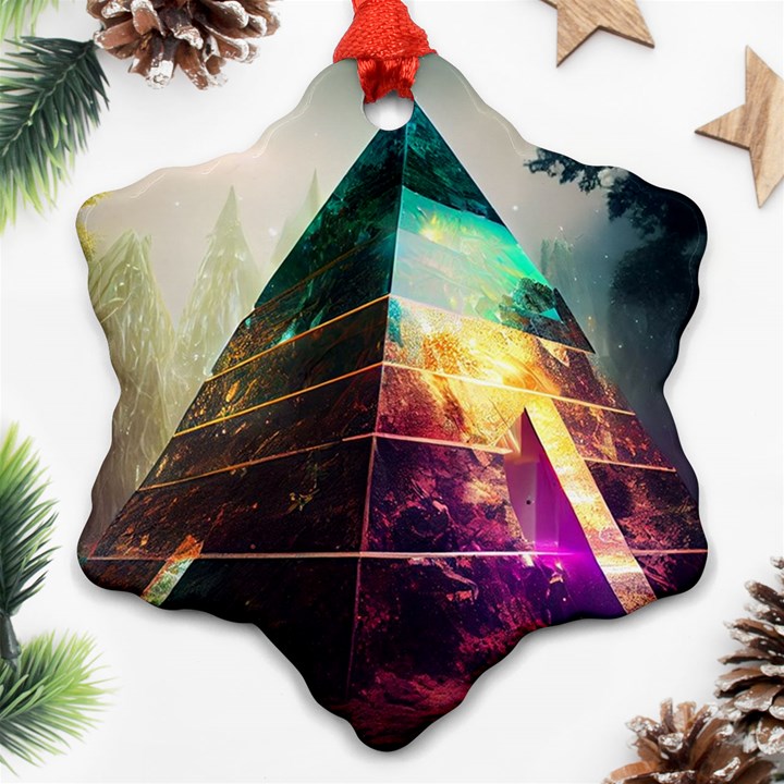 Tropical Forest Jungle Ar Colorful Midjourney Spectrum Trippy Psychedelic Nature Trees Pyramid Ornament (Snowflake)