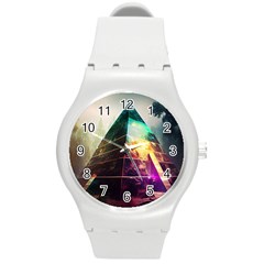 Tropical Forest Jungle Ar Colorful Midjourney Spectrum Trippy Psychedelic Nature Trees Pyramid Round Plastic Sport Watch (m) by Sarkoni