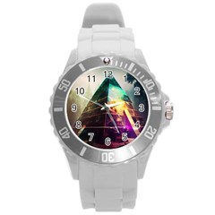 Tropical Forest Jungle Ar Colorful Midjourney Spectrum Trippy Psychedelic Nature Trees Pyramid Round Plastic Sport Watch (L)