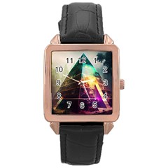 Tropical Forest Jungle Ar Colorful Midjourney Spectrum Trippy Psychedelic Nature Trees Pyramid Rose Gold Leather Watch 