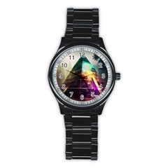 Tropical Forest Jungle Ar Colorful Midjourney Spectrum Trippy Psychedelic Nature Trees Pyramid Stainless Steel Round Watch