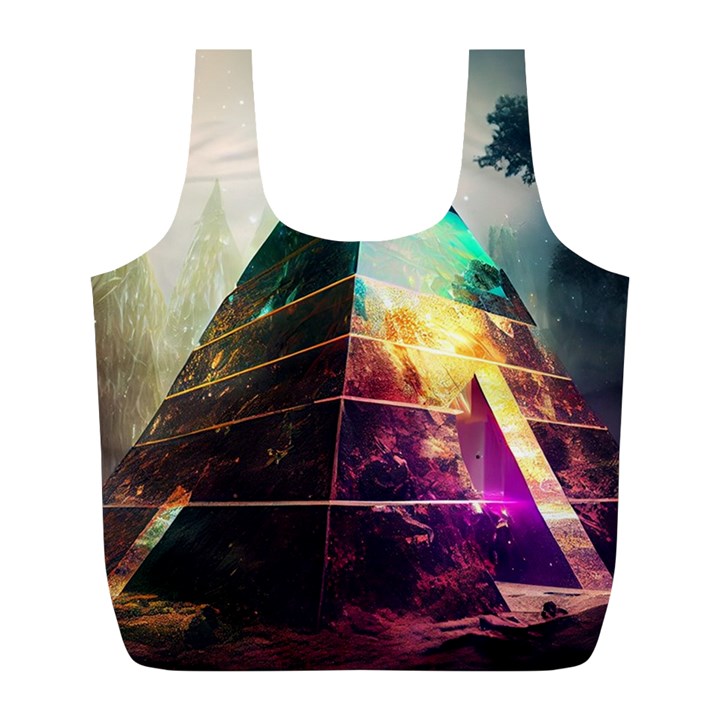 Tropical Forest Jungle Ar Colorful Midjourney Spectrum Trippy Psychedelic Nature Trees Pyramid Full Print Recycle Bag (L)