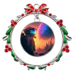 Illustration Trippy Psychedelic Astronaut Landscape Planet Mountains Metal X mas Wreath Ribbon Ornament