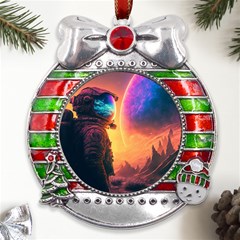 Illustration Trippy Psychedelic Astronaut Landscape Planet Mountains Metal X mas Ribbon With Red Crystal Round Ornament by Sarkoni