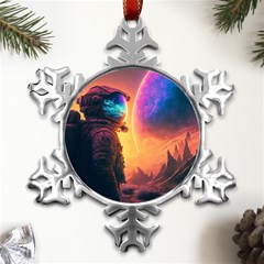 Illustration Trippy Psychedelic Astronaut Landscape Planet Mountains Metal Small Snowflake Ornament by Sarkoni