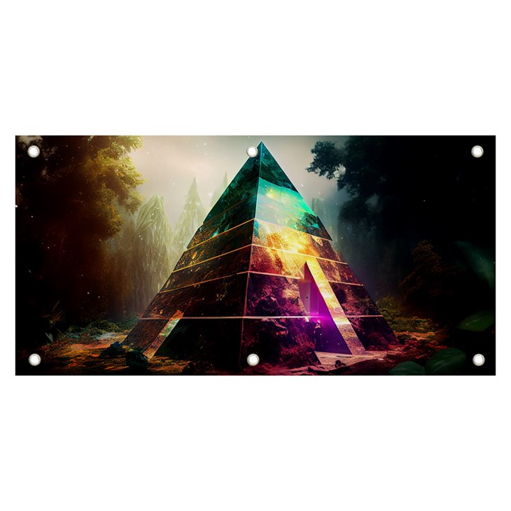 Tropical Forest Jungle Ar Colorful Midjourney Spectrum Trippy Psychedelic Nature Trees Pyramid Banner and Sign 6  x 3 