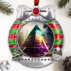 Tropical Forest Jungle Ar Colorful Midjourney Spectrum Trippy Psychedelic Nature Trees Pyramid Metal X mas Ribbon With Red Crystal Round Ornament by Sarkoni