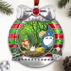 Anime My Neighbor Totoro Jungle Metal X mas Ribbon With Red Crystal Round Ornament by Sarkoni