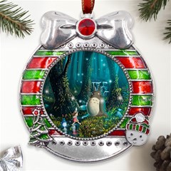 Anime My Neighbor Totoro Jungle Natural Metal X mas Ribbon With Red Crystal Round Ornament by Sarkoni