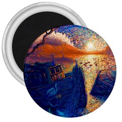 Digital Art Fantasy Impressionism Painting Ship Boat Psychedelic Peacock Mushroom Flamingos Hipwreck 3  Magnets by Sarkoni