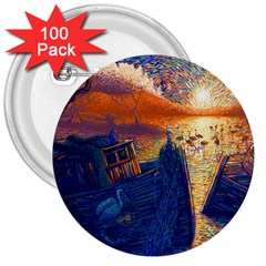 Digital Art Fantasy Impressionism Painting Ship Boat Psychedelic Peacock Mushroom Flamingos Hipwreck 3  Buttons (100 Pack)  by Sarkoni