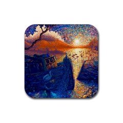 Digital Art Fantasy Impressionism Painting Ship Boat Psychedelic Peacock Mushroom Flamingos Hipwreck Rubber Coaster (square) by Sarkoni