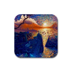 Digital Art Fantasy Impressionism Painting Ship Boat Psychedelic Peacock Mushroom Flamingos Hipwreck Rubber Square Coaster (4 Pack) by Sarkoni