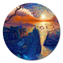 Digital Art Fantasy Impressionism Painting Ship Boat Psychedelic Peacock Mushroom Flamingos Hipwreck Magnet 5  (round) by Sarkoni