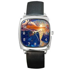 Digital Art Fantasy Impressionism Painting Ship Boat Psychedelic Peacock Mushroom Flamingos Hipwreck Square Metal Watch by Sarkoni