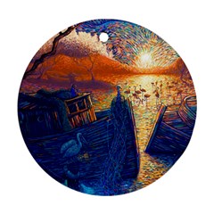 Digital Art Fantasy Impressionism Painting Ship Boat Psychedelic Peacock Mushroom Flamingos Hipwreck Round Ornament (two Sides) by Sarkoni