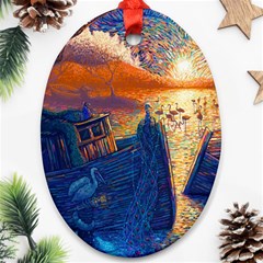 Digital Art Fantasy Impressionism Painting Ship Boat Psychedelic Peacock Mushroom Flamingos Hipwreck Oval Ornament (two Sides) by Sarkoni