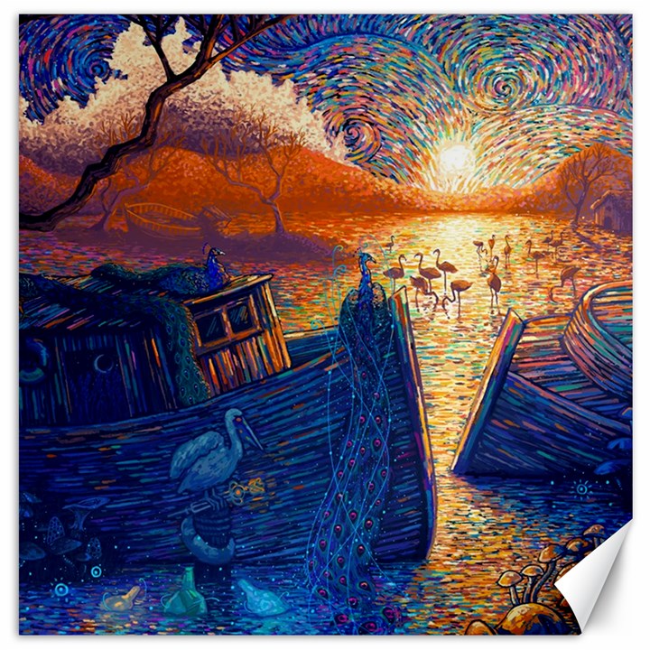 Digital Art Fantasy Impressionism Painting Ship Boat Psychedelic Peacock Mushroom Flamingos Hipwreck Canvas 12  x 12 