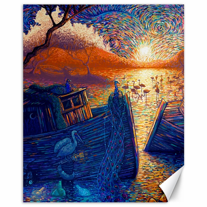 Digital Art Fantasy Impressionism Painting Ship Boat Psychedelic Peacock Mushroom Flamingos Hipwreck Canvas 11  x 14 