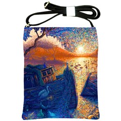 Digital Art Fantasy Impressionism Painting Ship Boat Psychedelic Peacock Mushroom Flamingos Hipwreck Shoulder Sling Bag by Sarkoni