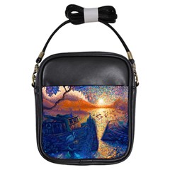 Digital Art Fantasy Impressionism Painting Ship Boat Psychedelic Peacock Mushroom Flamingos Hipwreck Girls Sling Bag by Sarkoni