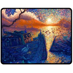 Digital Art Fantasy Impressionism Painting Ship Boat Psychedelic Peacock Mushroom Flamingos Hipwreck Fleece Blanket (medium) by Sarkoni