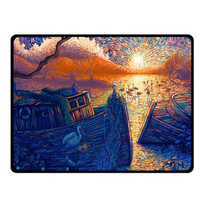 Digital Art Fantasy Impressionism Painting Ship Boat Psychedelic Peacock Mushroom Flamingos Hipwreck Fleece Blanket (Small)