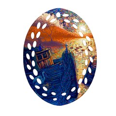 Digital Art Fantasy Impressionism Painting Ship Boat Psychedelic Peacock Mushroom Flamingos Hipwreck Oval Filigree Ornament (two Sides) by Sarkoni