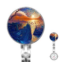 Digital Art Fantasy Impressionism Painting Ship Boat Psychedelic Peacock Mushroom Flamingos Hipwreck Stainless Steel Nurses Watch by Sarkoni